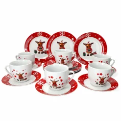 Van-Well Kaffeeservice Elch 18tlg. Für 6 Personen Weiß Mit Weihnachtsdekor Lustiger Elch