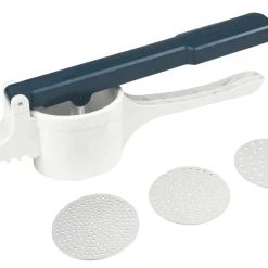 Fackelmann Spätzlepresse Easyprepare, Kortoffelpresse Mit 3 Austauschbaren Lochscheiben, Presse Mit 4 Verschiedenen Auflagehaken, Hochwetiger Kartoffelstampfer (Farbe: Weiß / Blau-Grau), 1 X 4 Teile