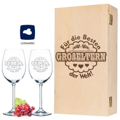 Gravurzeile Leonardo Weingläser Oma Ist Die Beste & Opa Ist Der Beste Im 2er Set - Inkl. Gravierter Vintage-Holzkiste - Geschenk Für Oma & Opa - Geburtstag Großeltern