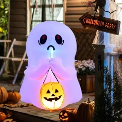 COSTWAY 120cm Aufblasbarer Halloween-Geist Mit Kürbis, Halloween-Dekoration Mit LED-Leuchten, Feiertagsdekoration Für Hausgarten Rasen Garten Party