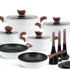 Zilner Weiße Keramik-Marmortöpfe Mit Bratpfanne Und Wok Set 15-teiliges