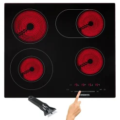 AREBOS Glaskeramikkochfeld, 7200 W, 4 Kochfelder, 59 Cm, Autark, Inkl. Dual-Kochzone Und Bräterzone, Mit Sensor Touch