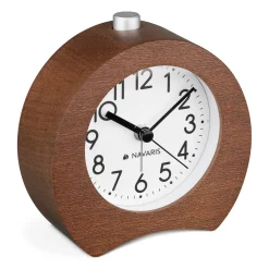 Navaris Analog Holz Wecker Mit Snooze - Retro Uhr Hufeisen Design Mit Weißem Ziffernblatt Alarm - Leise Tischuhr Ohne Ticken - Holzwecker Dunkelbraun