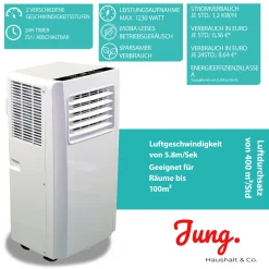 JUNG AIR TV05 Mobiles Klimagerät Mit Fernbedienung + Abluft-Schlauch - 3,2 KW/11000 BTU - STROMSPAREND, GERÄUSCHARM -100m³ Raum Kühlung, Klimaanlage Mobil Leise, Weiß -Kaufland Geschäft 65fd32cd257322d63d8581747e386cd7