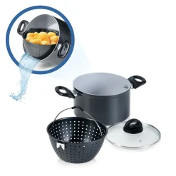 Genius Cerafit Magic Pot Kochtopf-Set 20cm - Topf 3,7l Mit Siebeinsatz & Glas-Deckel Für Einfaches Kochen, Drehen, Dünsten & Servieren; A24661