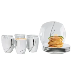 Van-Well Van Well Frühstücksservice Silver Night, 12tlg 6 Personen, 6 Kaffeebecher + 6 Teller, Linien-Dekor