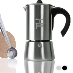 Thiru Espressokocher Induktion L Premium Mokkakanne Aus Edelstahl Inkl. Toolset (Silber, 4 Tassen (200ml))