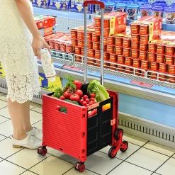 COSTWAY Einkaufstrolley Klappbar, Einkaufswagen Kunststoff Faltbar, Transport Trolley Treppensteigen 70kg Tragkraft, Einkaufskorb Mit Deckel, Teleskop Griff, 8 Rädern (Rot)