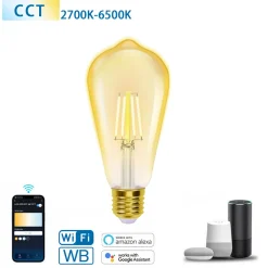 Aigostar E27 LED CCT Smart Wi-Fi Filament Retro Vintage Nostalgie Leuchtmittel Dimmbar Bernstein 2700-6500K ST64 6 Watt