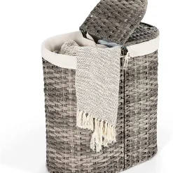 COSTWAY 110L Wäschekorb, Wäschebox Mit Deckel, Wäschesammler 2 Fächer, Wäschetruhe Mit Herausnehmbarem Wäschesack, Wäschebehälter