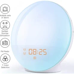 Jormftte Lichtwecker LED Wake Up Light, Wecker Mit Sonnenaufgangssimulation, Tageslichtwecker FM Radio Wecker Mit Licht 7 Farben, 7 Wecktöne Wecker Kinder Alarm Clock Digital Uhr Nachtlicht Nachttischlampe [Energieklasse A++]
