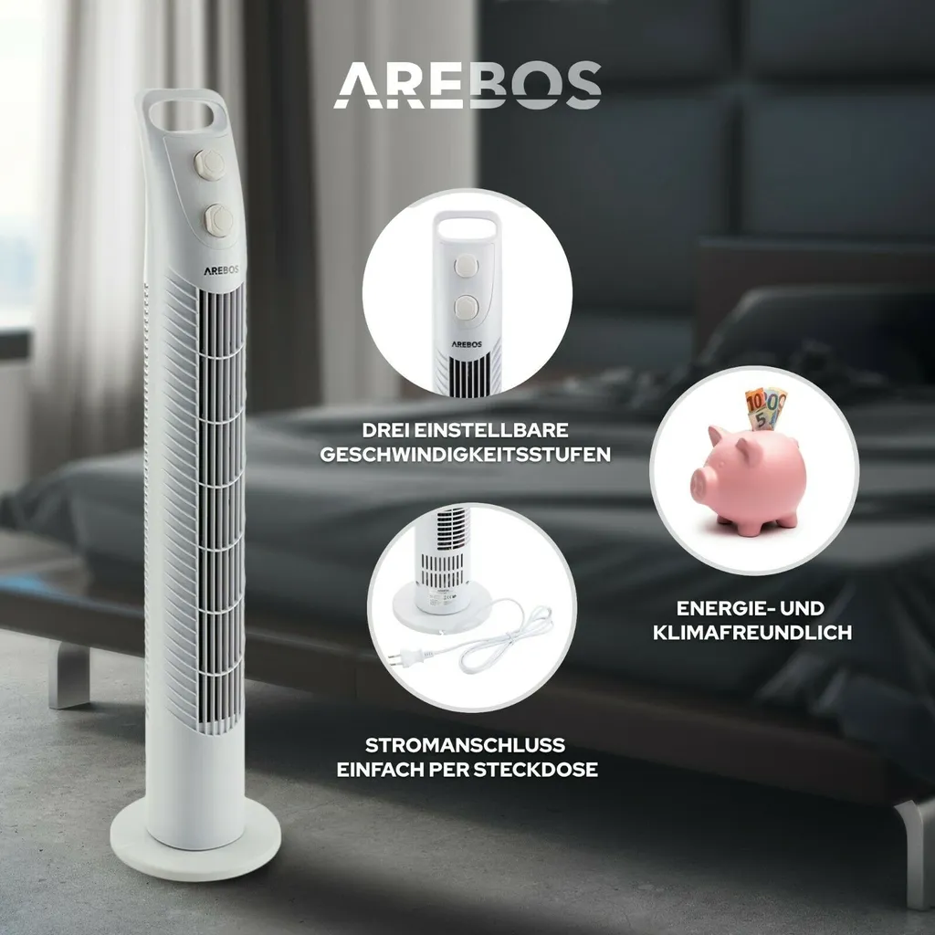 AREBOS Turmventilator mit Timer, 40 Watt, 75°-Oszillation, Ventilator mit 3 Geschwindigkeitsstufen, , Weiß AREBOS Turmventilator Mit Timer, 40 Watt, 75°-Oszillation, Ventilator Mit 3 Geschwindigkeitsstufen, , Weiß -Kaufland Geschäft 99b483770e13e1e58710e1378dc225c7