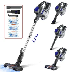 Daynee Akku Staubsauger, Kabellos, Beutellos, Akkusauger, Handstaubsauger Akku, Stabstaubsauger, Stielstaubsauger, Staubsauger Tierhaare, Teppich, Parkett, 25,000 Pa 5-in-1, Bis Zu 50 Min Laufzeit Mit LED Elektrobürste, Teleskoprohr, Wandhalterung