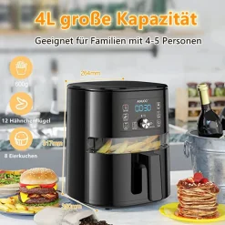 AINUOO 4L Heißluftfritteuse, 1600 W Airfryer Fritteuse Mit Touch Display, 6-in-1 Multifunktions Kompaktfriteuse Mit 6 Programmen, Transparentes Sichtfenster, Mit Rezeptheft, BPA-frei, Schwarz -Kaufland Geschäft b3c4d3a874df1eb9847f0264f951818f