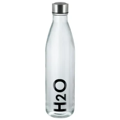 Testrut AXENTIA Glas Trinkflasche H2O 750 Ml, Borosilikatglas Mit Edelstahl-Deckel, Transparente Flasche Mit Schwarzem "H2O"-Aufdruck, Wasserflasche Für Büro