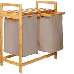Maxxworld Lumaland Wäschekorb Aus Bambus, Mit 2 Ausziehbaren Wäschesäcken, Ca. 73 X 64 X 33 Cm Grau
