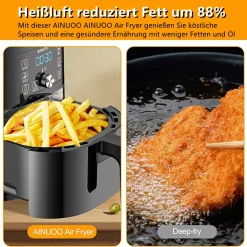 AINUOO 4L Heißluftfritteuse, 1600 W Airfryer Fritteuse Mit Touch Display, 6-in-1 Multifunktions Kompaktfriteuse Mit 6 Programmen, Transparentes Sichtfenster, Mit Rezeptheft, BPA-frei, Schwarz -Kaufland Geschäft ebe239ef3ec7787525292c3e589df197